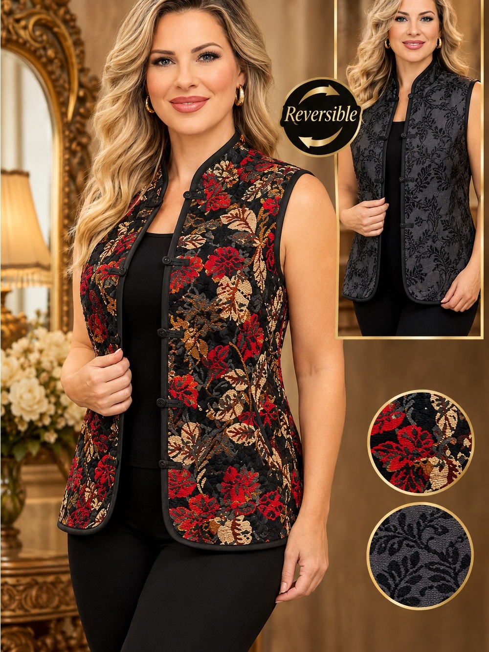 Coldwater Creek Reversible Floral Brocade Vest Red, Gold Black Tapestry vintage